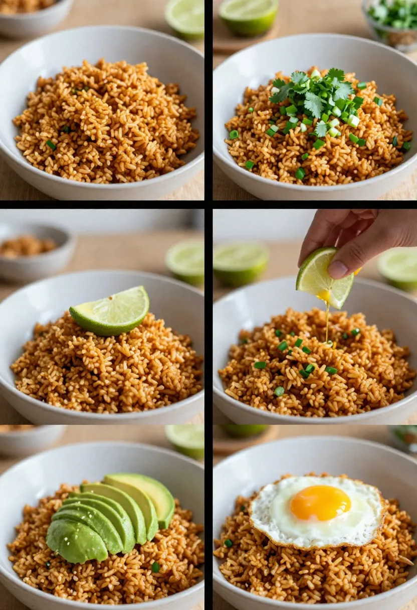 Collage of different Mexican fried rice variations with various toppings