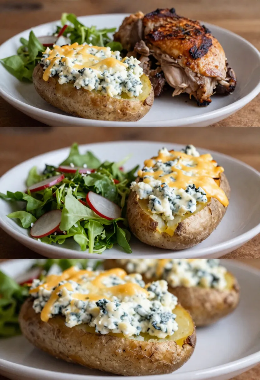 Twice-baked potatoes served with meat and fresh salad