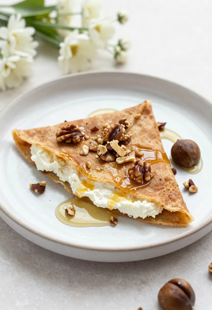 Thin chestnut crepes filled with ricotta, served with honey and flowers