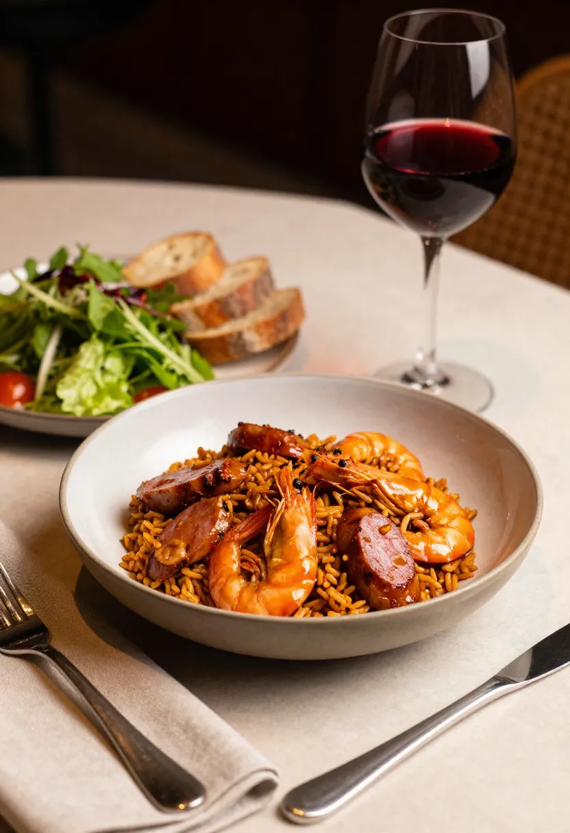 Jambalaya served on a table with salad and bread in a cozy setting