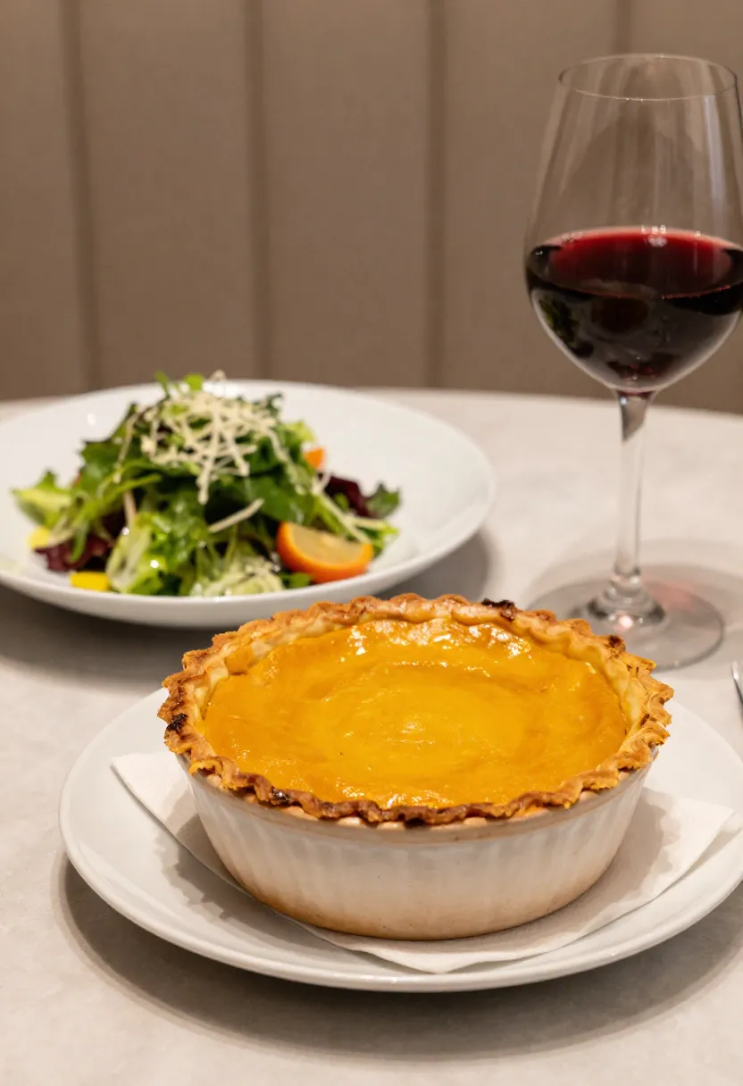 Pumpkin shepherd’s pie with salad and red wine in elegant setting