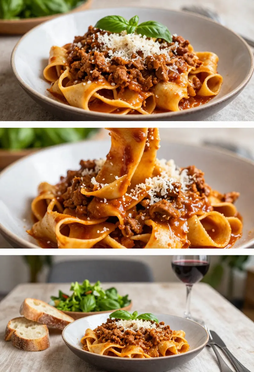 Collage showing pork ragù pasta served with bread, salad, and red wine.