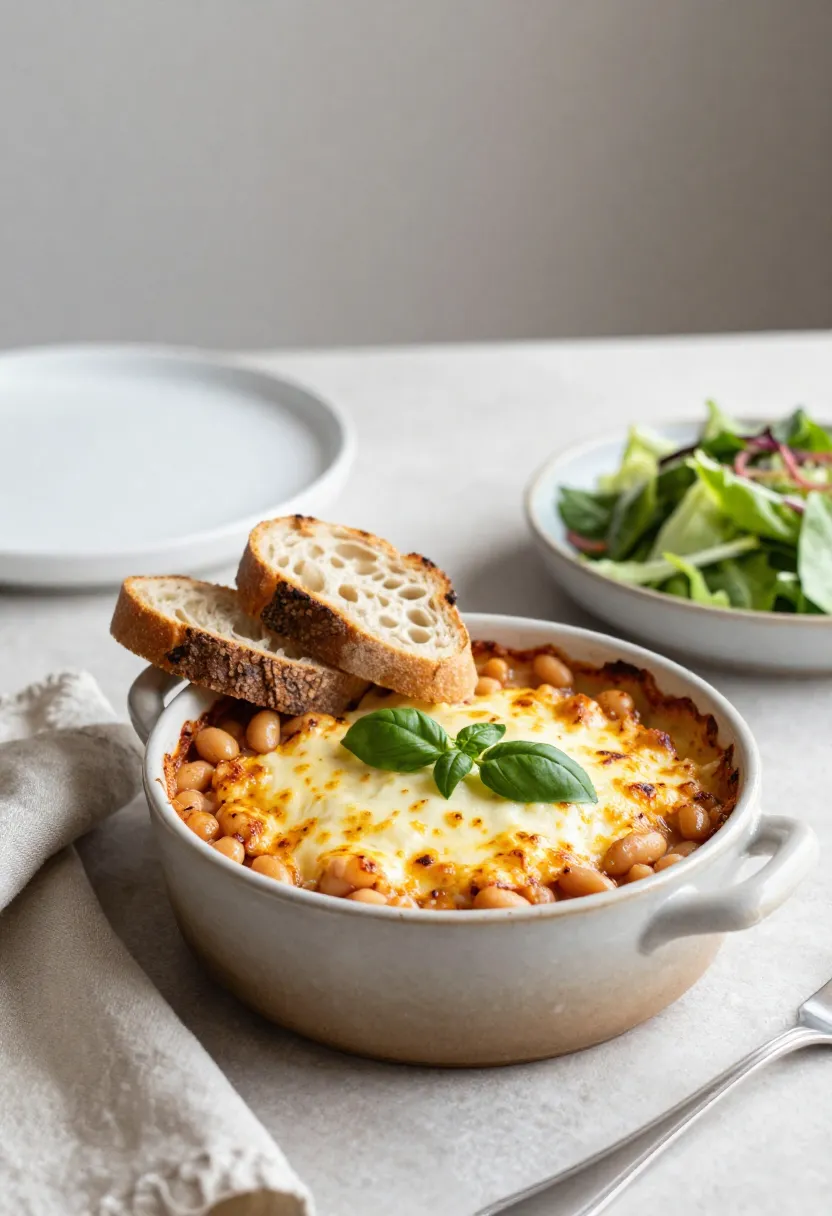Collage of cheesy white bean bake served in cozy casual settings