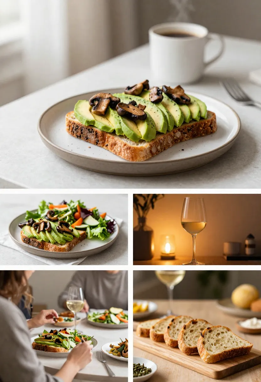 Collage of mushroom avocado toast served for breakfast, dinner, and sharing with coffee, salad and wine