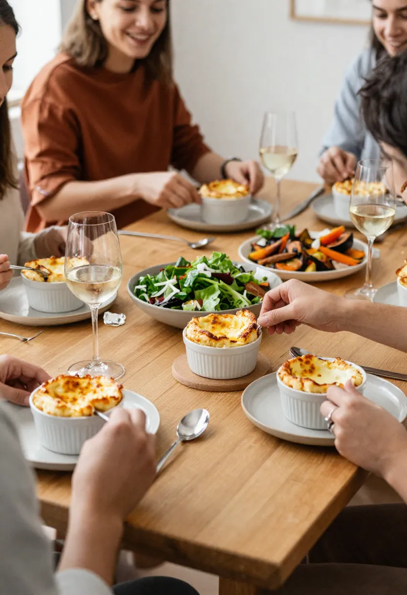 Friends sharing cauliflower soufflé dinner at cozy table