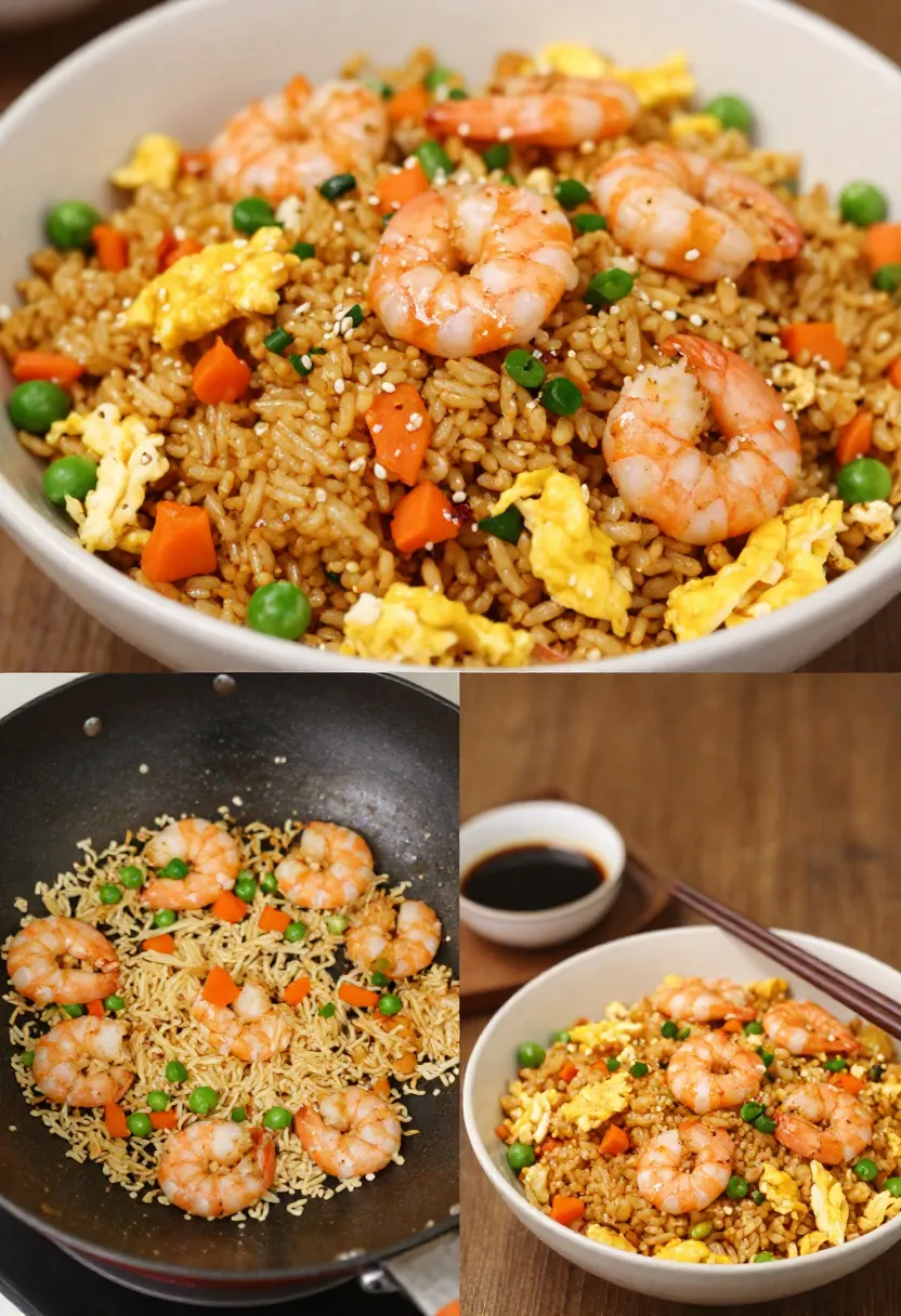 Shrimp fried rice with egg, vegetables, and scallions.