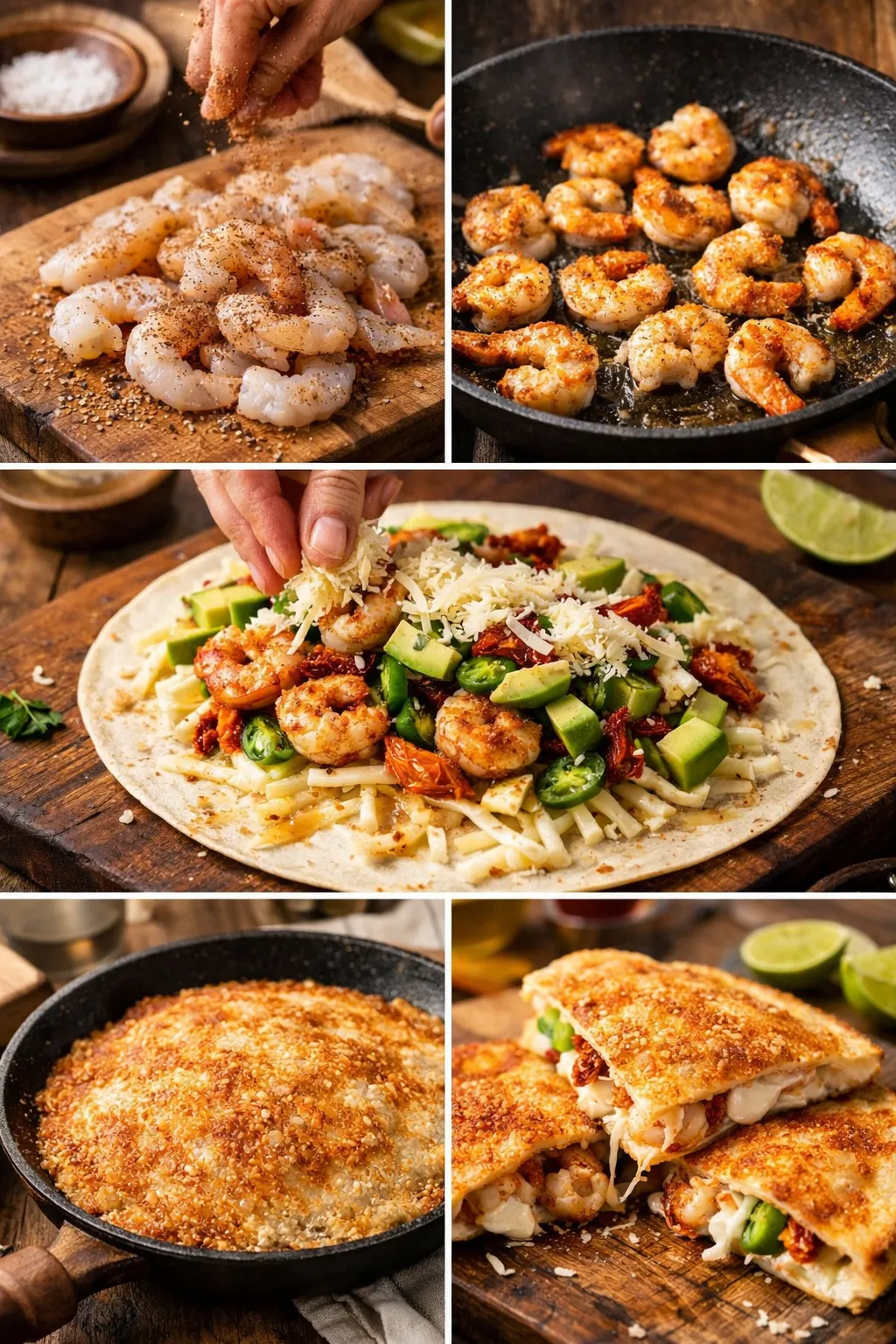 Step-by-step collage of shrimp quesadilla preparation with crispy Parmesan crust