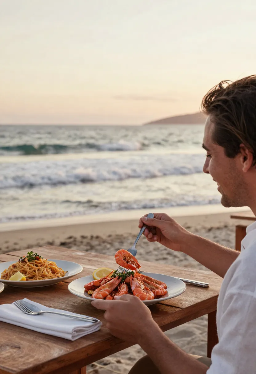 Person enjoying a shrimp meal at a seaside table.