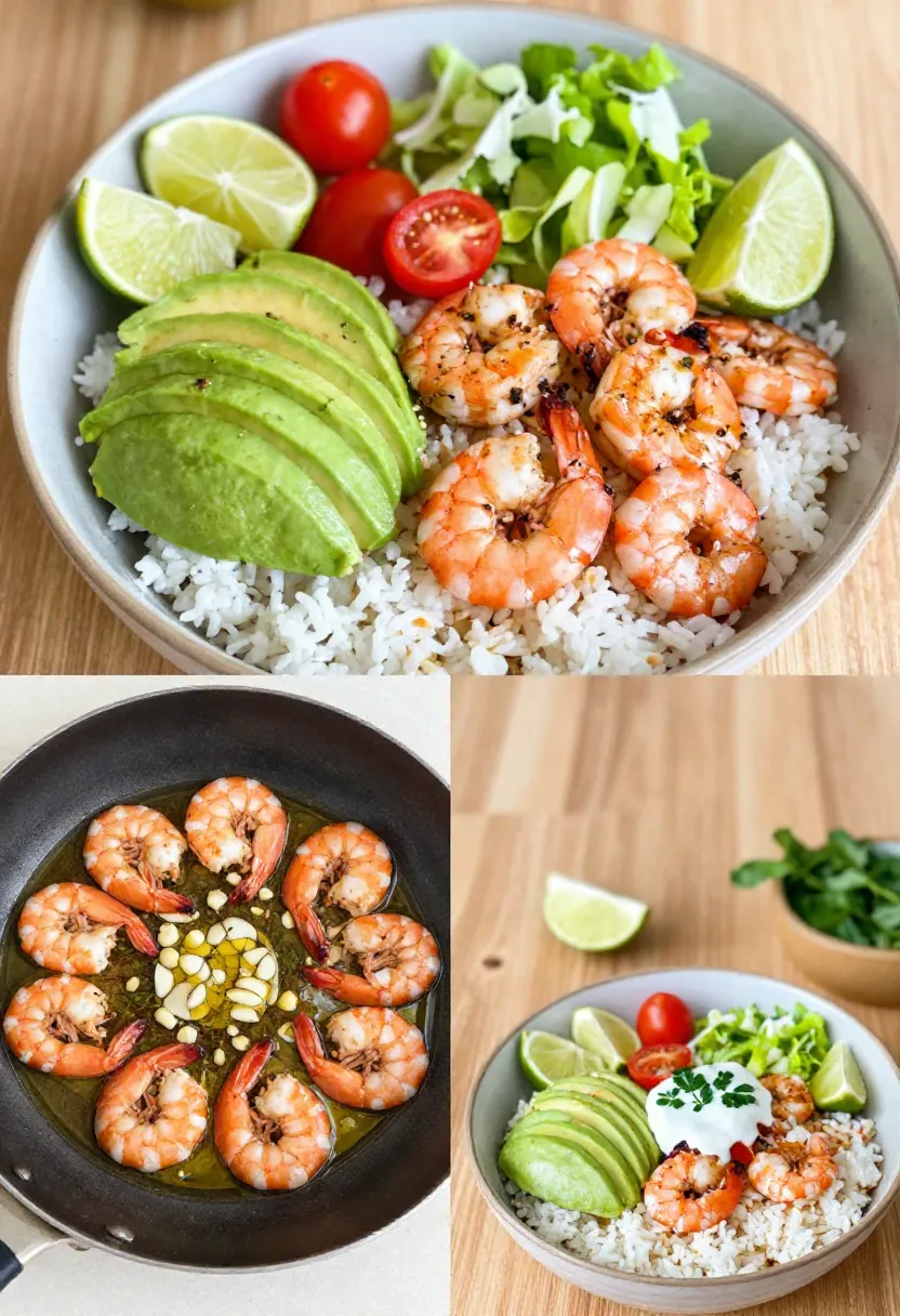 Shrimp rice bowl with avocado, vegetables, and lime.