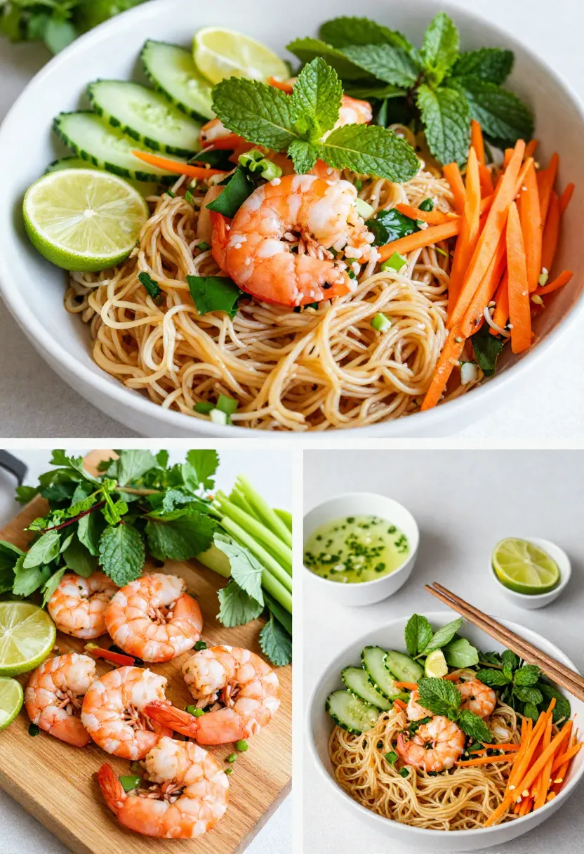 Shrimp noodle salad with fresh herbs, vegetables, and lime.