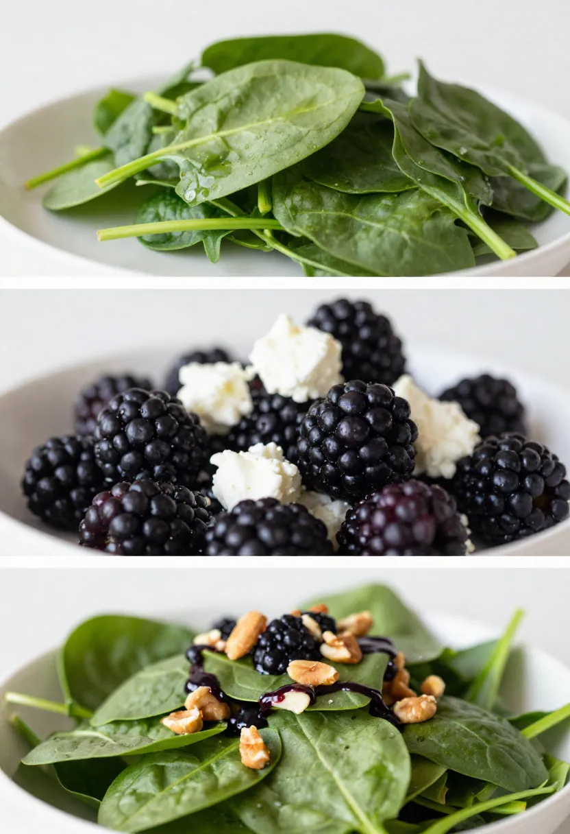 Collage of spinach, berries, cheese and finished salad
