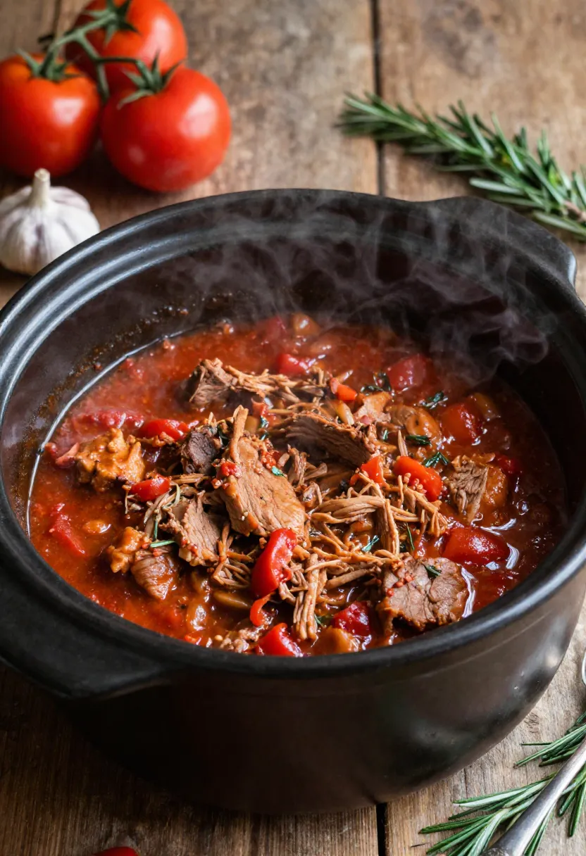 Slow cooker filled with tender pork ragù sauce simmering with herbs and tomatoes.
