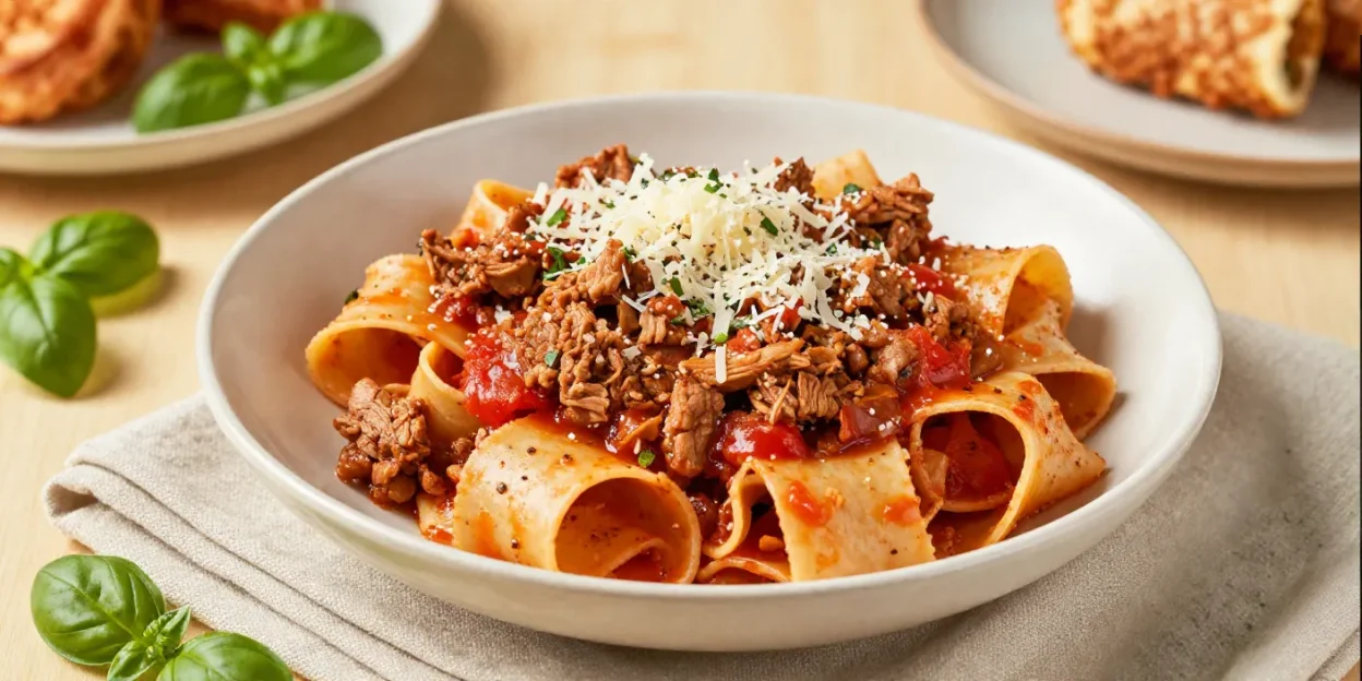 Festive bowl of pappardelle pasta with rich pork ragù and parmesan.