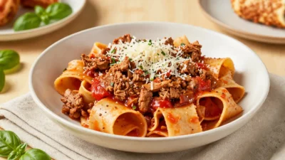 Festive bowl of pappardelle pasta with rich pork ragù and parmesan.
