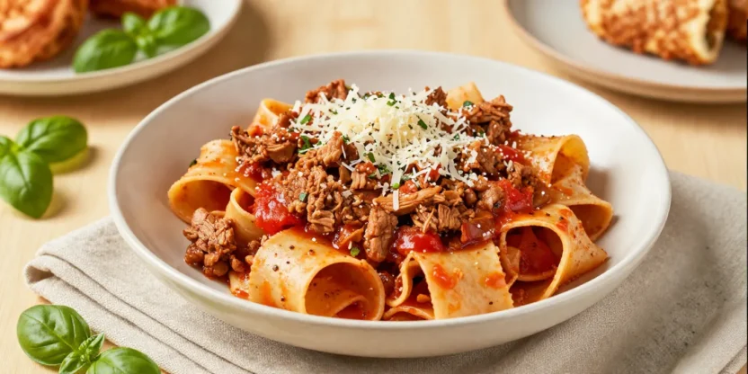 Festive bowl of pappardelle pasta with rich pork ragù and parmesan.