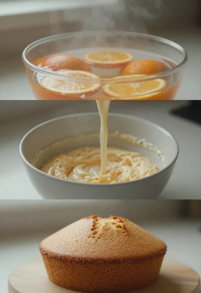 Calm collage showing slow baking process and cake cooling