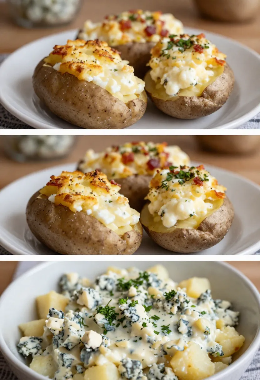 Collage of blue cheese twice-baked potato variations with herbs and toppings