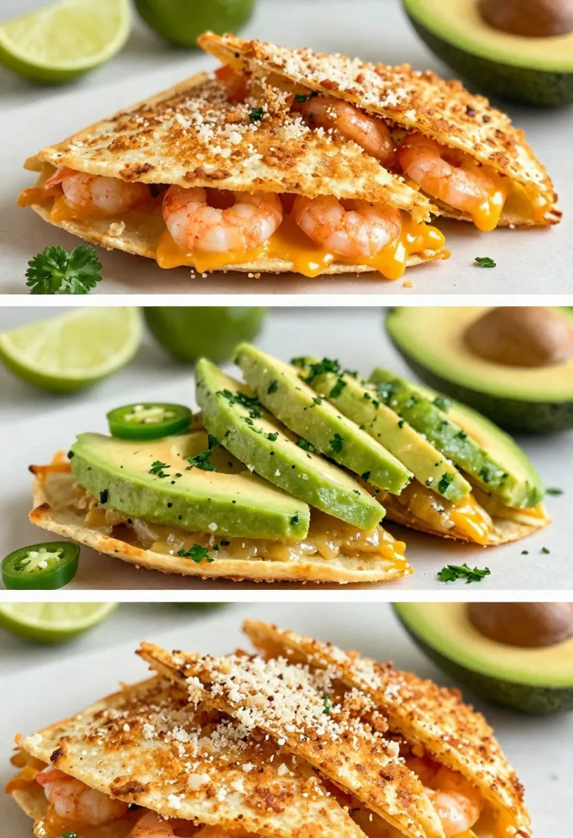 Collage of crispy shrimp quesadilla variations with fresh ingredients