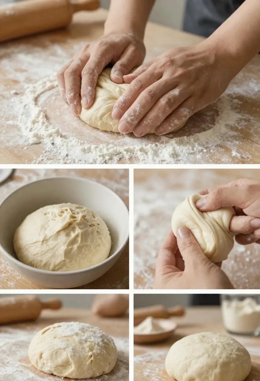 Collage of kneading dough and rising yeast dough close-up