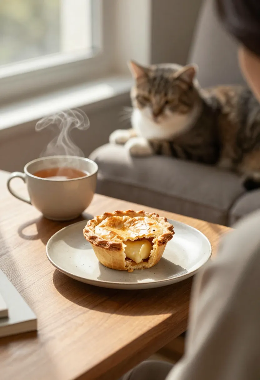 Person enjoying a mini chicken pot pie with tea and a cat in a cozy home setting.