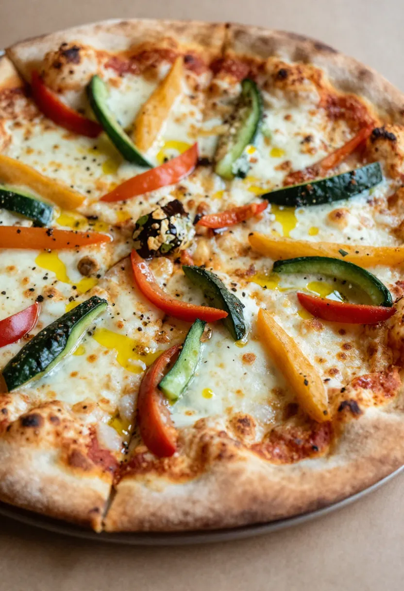Close-up of rainbow flatbread pizza with crispy edges and melted cheese