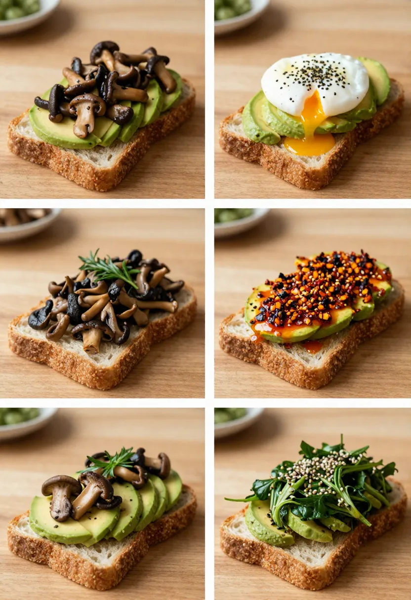 Collage of five different mushroom and avocado toast variations with egg, chili, herbs and vegan toppings