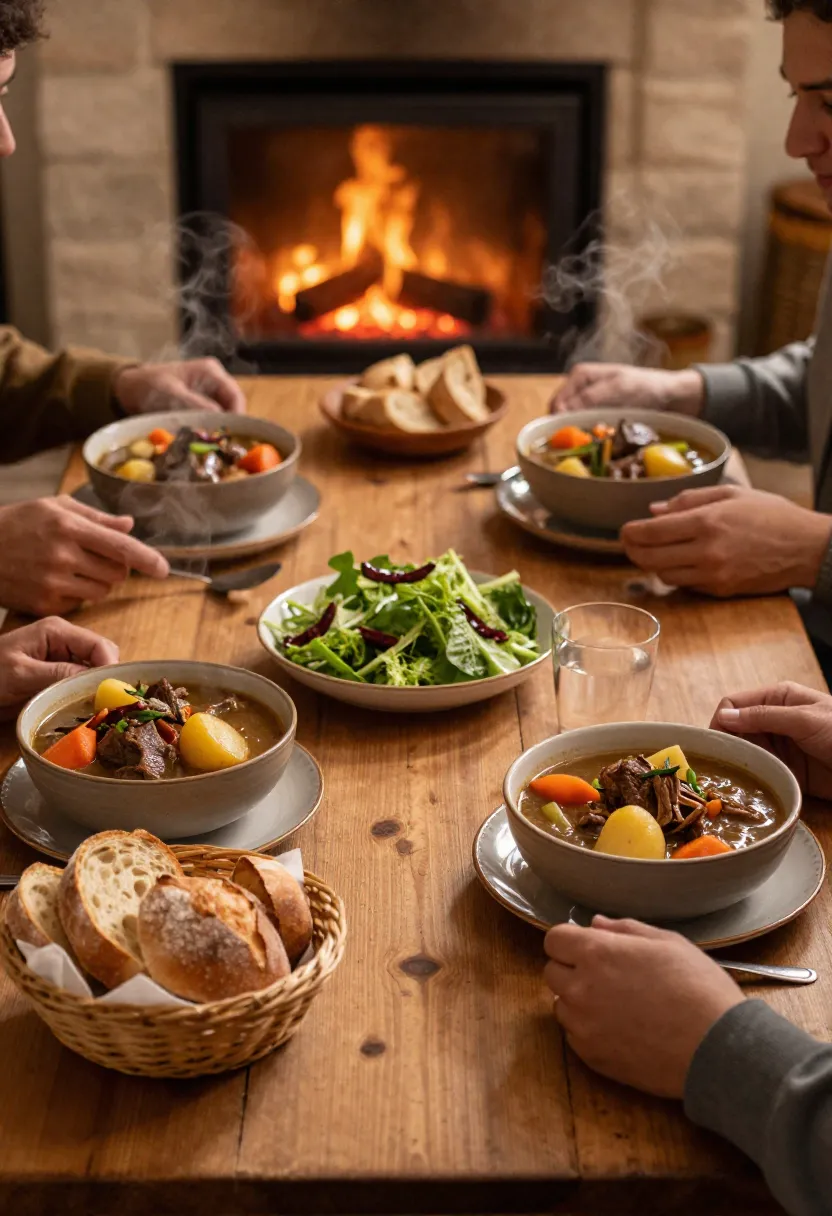 Family-style dinner with bowls of hearty beef stew, warm bread, and salad near a cozy fireplace.