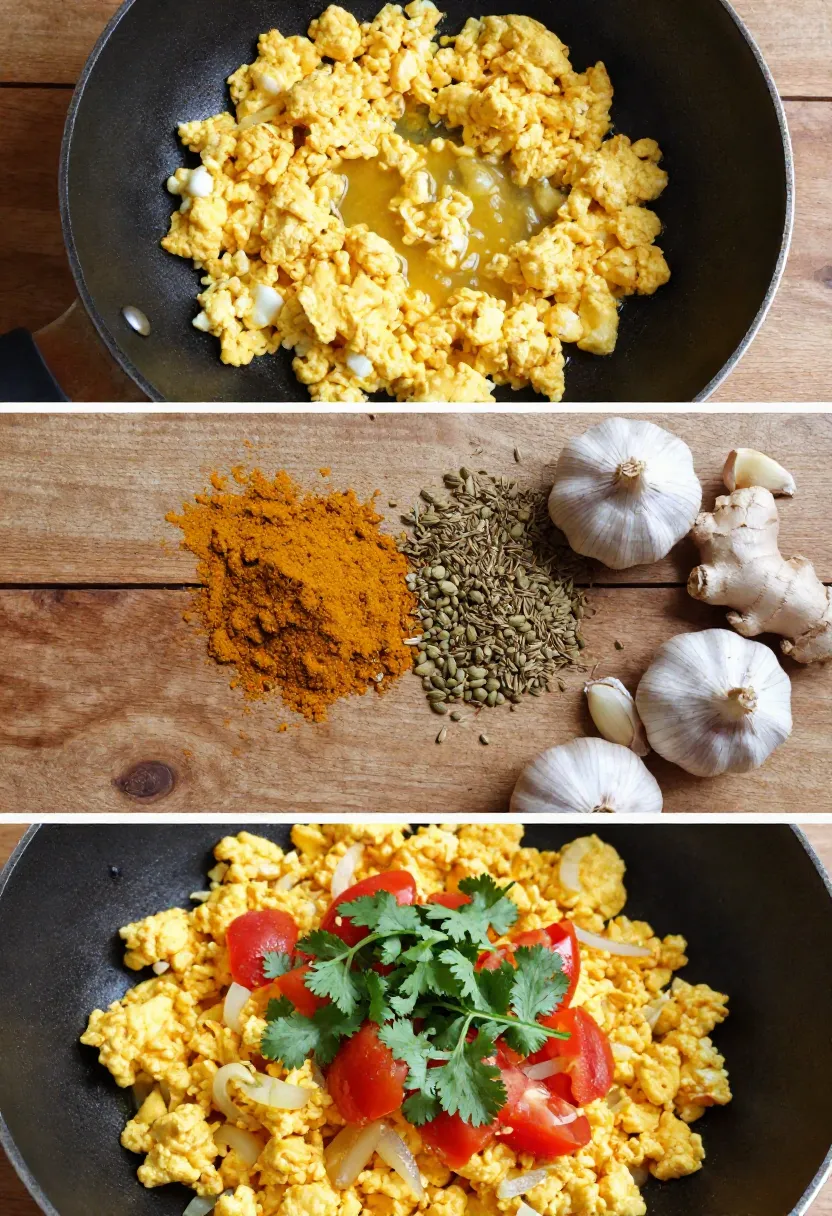 Collage of scrambled eggs, curry spices, and curried eggs dish.