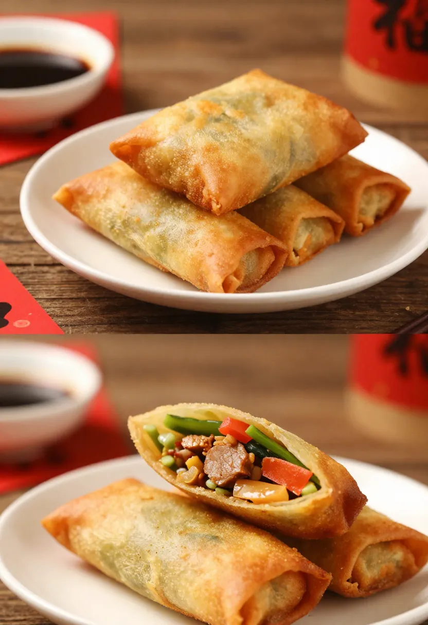 Golden crispy spring rolls served during Chinese New Year.