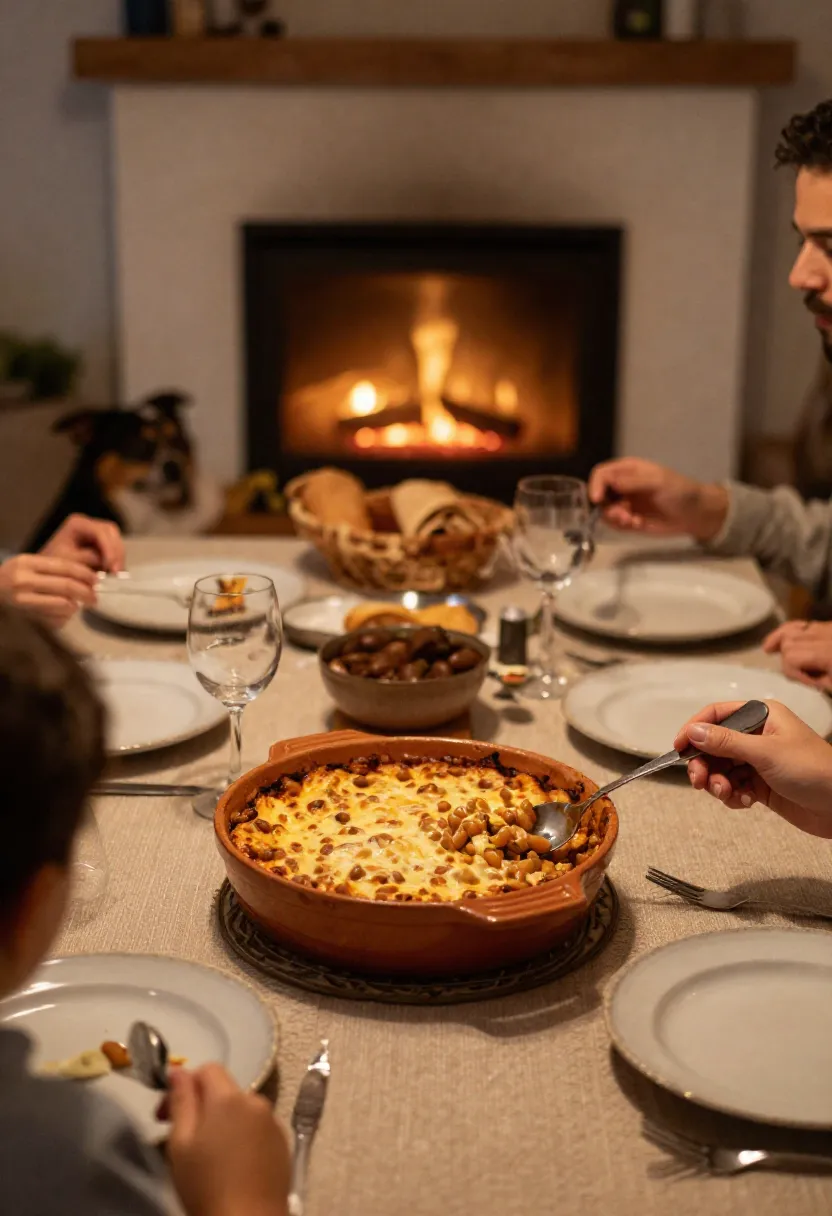 Family enjoying cheesy white bean bake in a cozy home setting with fireplace