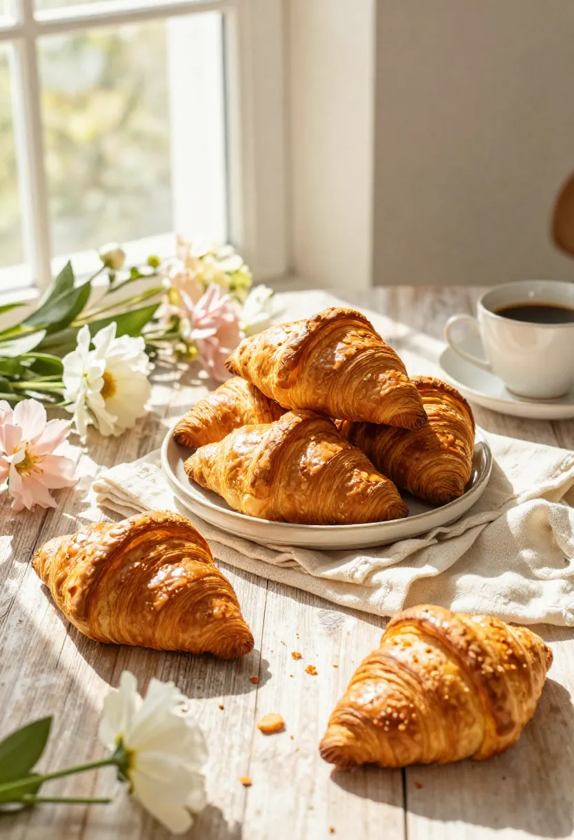 Variety of classic and modern croissants on bakery display.