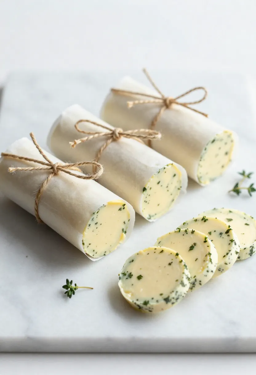 Garlic herb butter wrapped for storage and frozen in small portions for easy use.