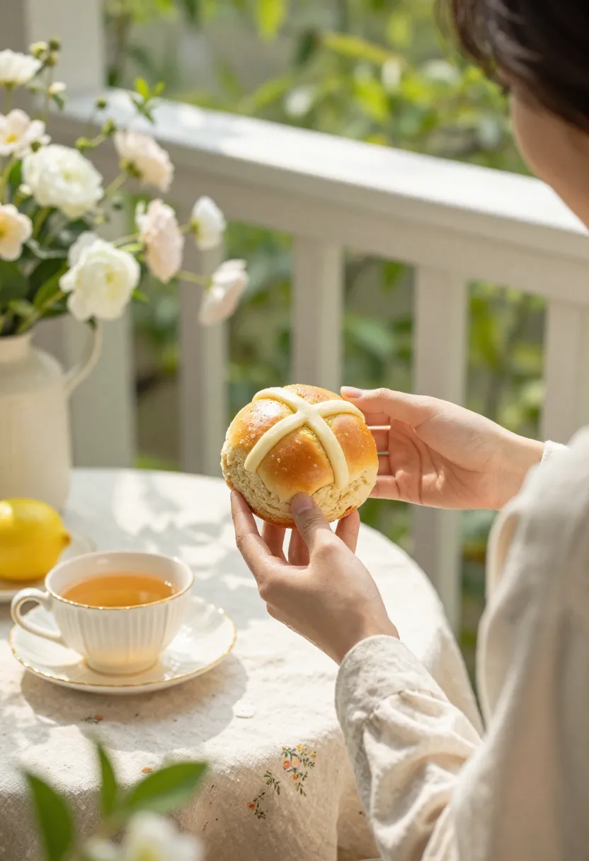 Person enjoying lemon hot cross bun with tea on a cozy veranda