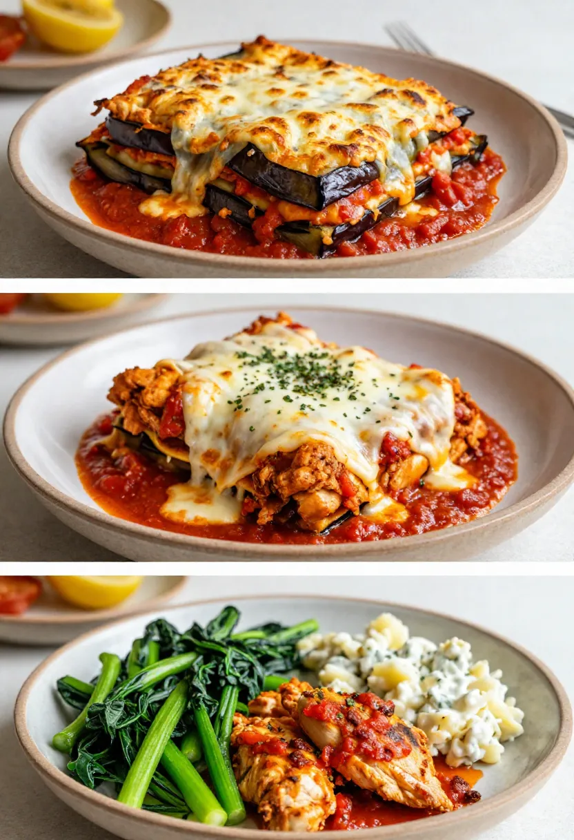 Collage of eggplant and chicken parmigiana dishes with vegetables