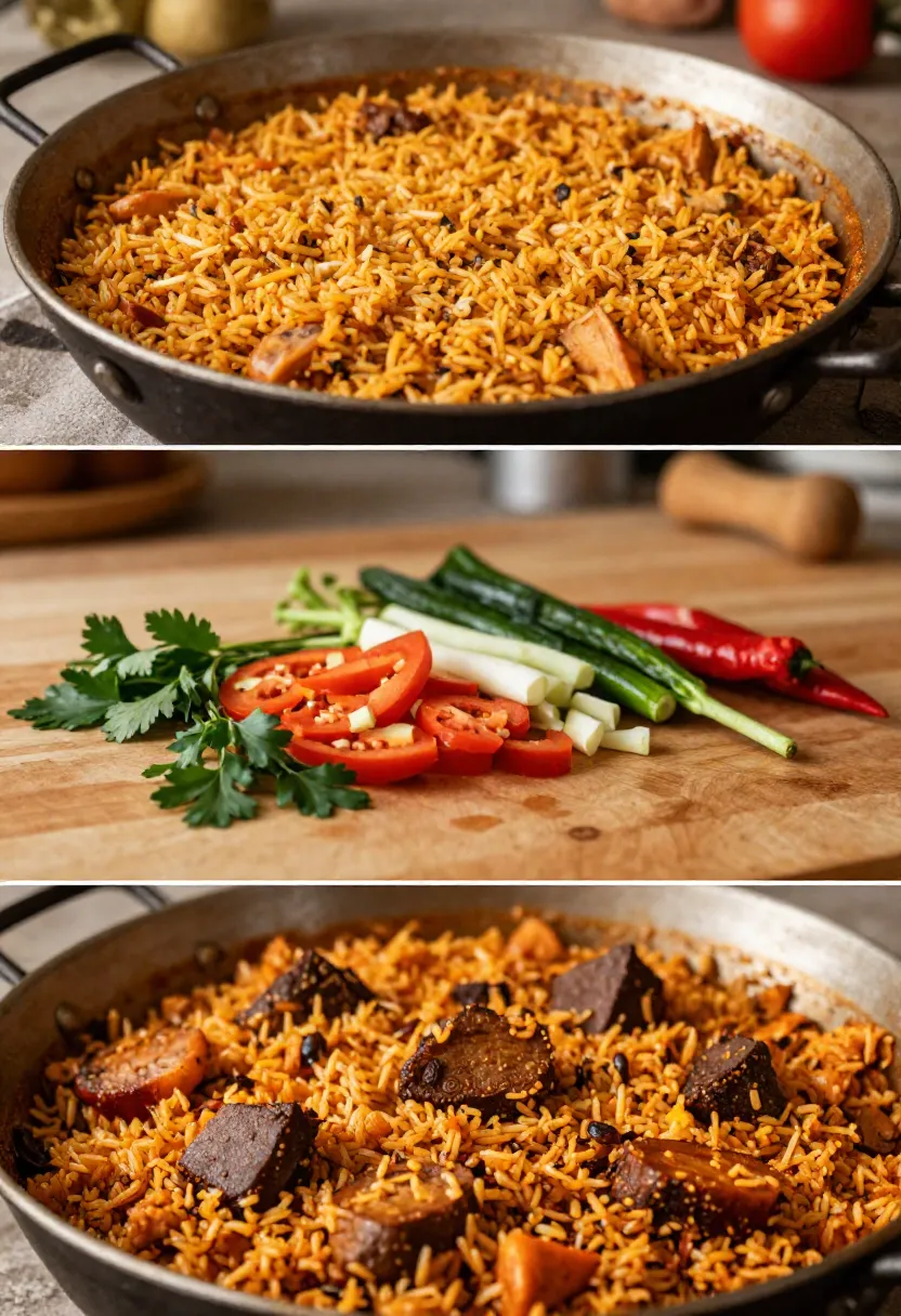 Collage showing cultural influences behind jambalaya cooking