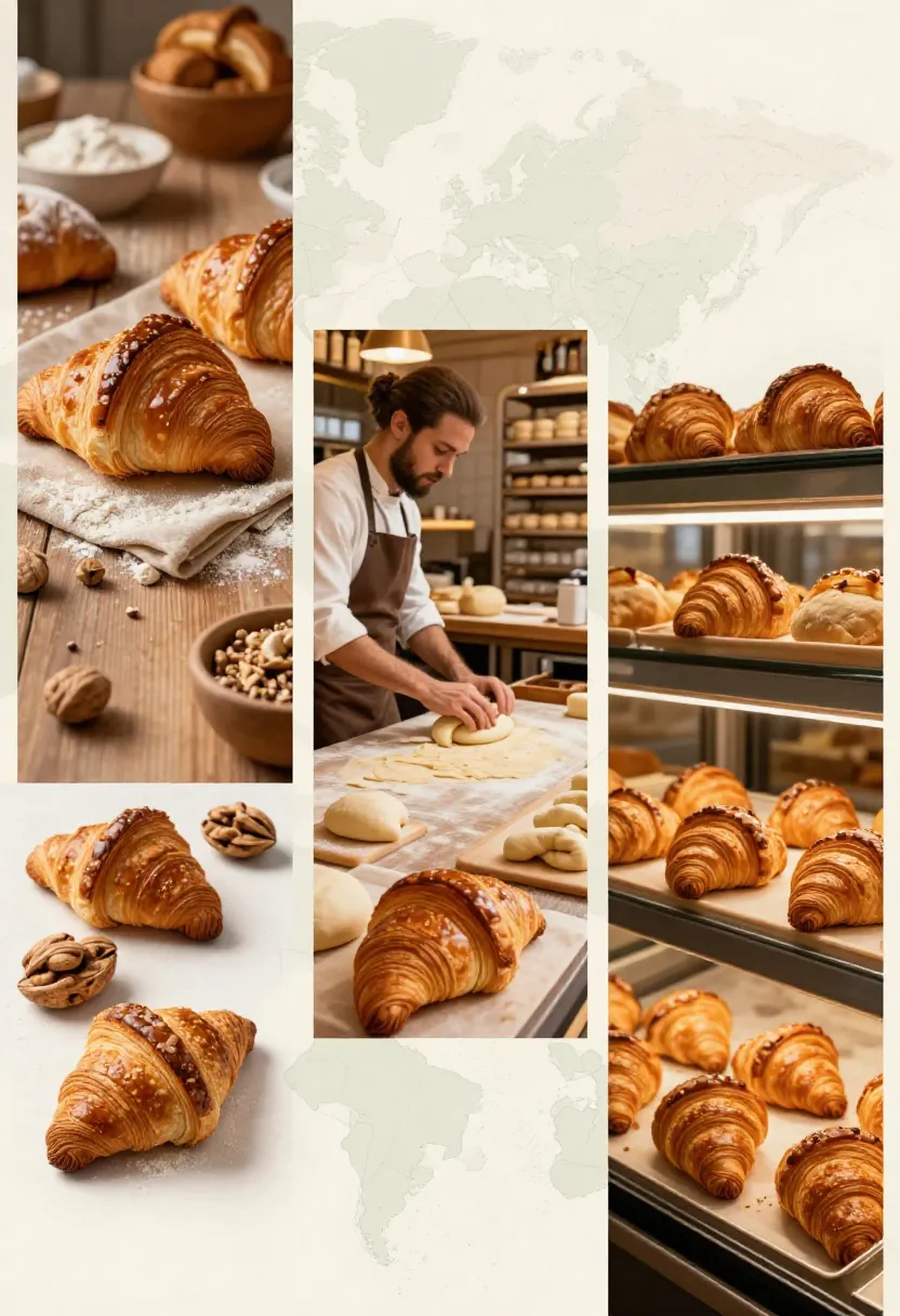 Collage showing the historical evolution of croissants across cultures.