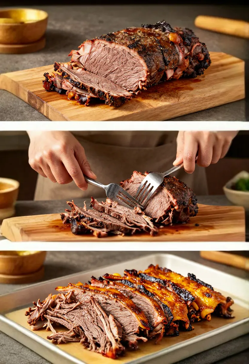Collage showing tender and crispy carnitas-style corned beef stages