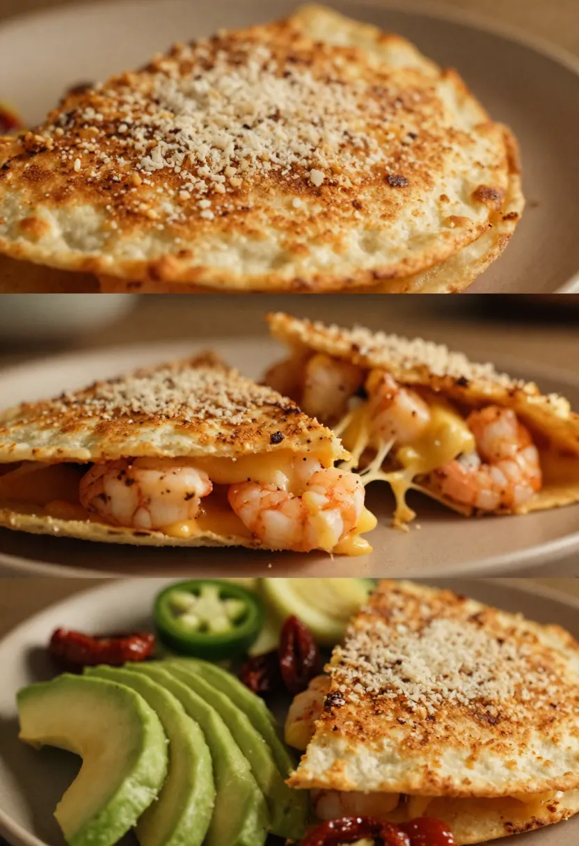 Collage of crispy shrimp quesadillas with melted cheese and fresh ingredients