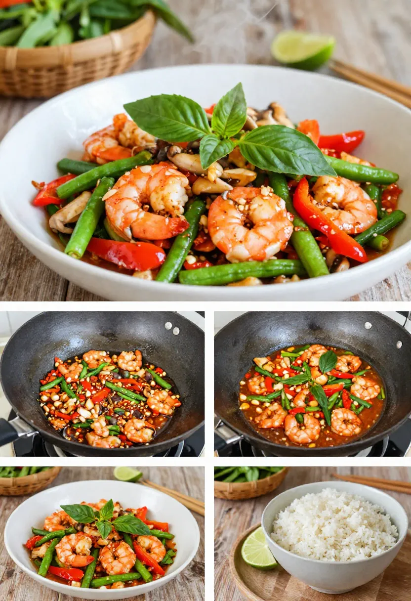 Thai shrimp stir-fry with basil, vegetables, and jasmine rice.