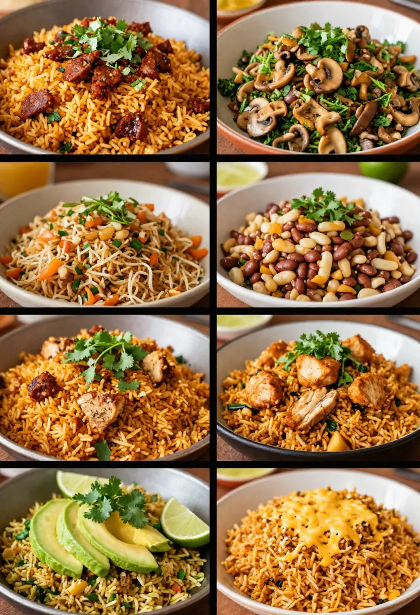 Collage of Mexican fried rice served with toppings like lime, avocado, and egg