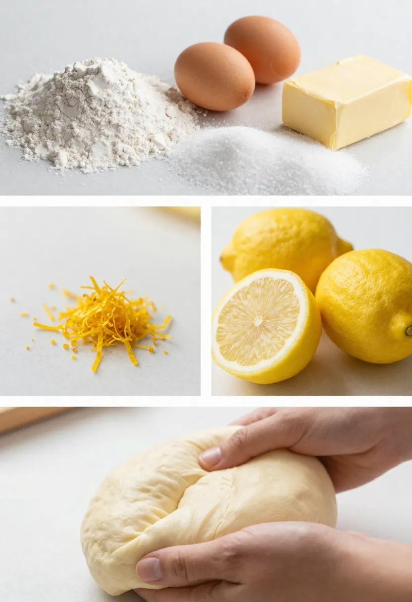 Collage of baking ingredients, lemon zest, and soft dough texture