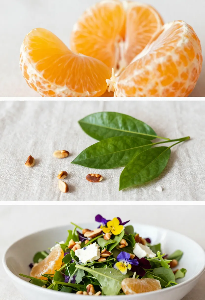 Collage of mandarin salad ingredients and finished dish in natural light