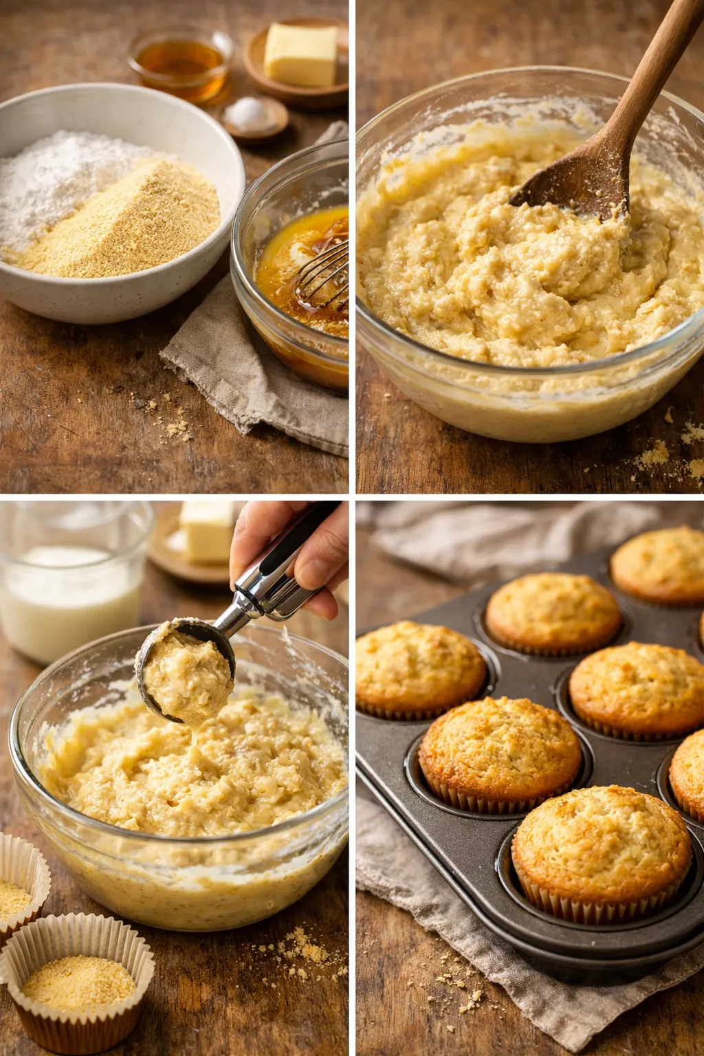 2–4 frame collage showing cornbread muffin baking process from batter to baked muffins