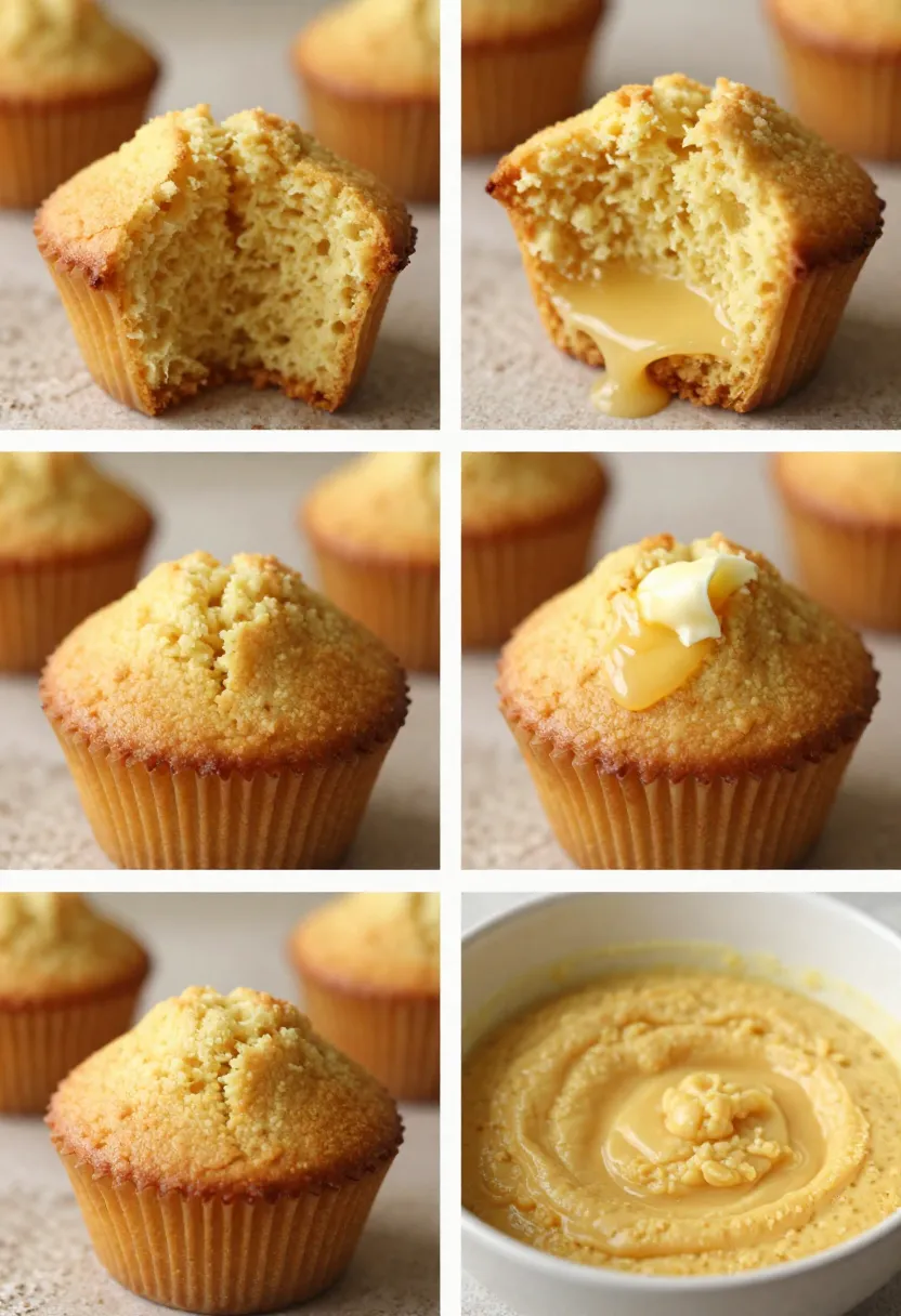 Collage of cornbread muffins texture, batter, and melted butter details