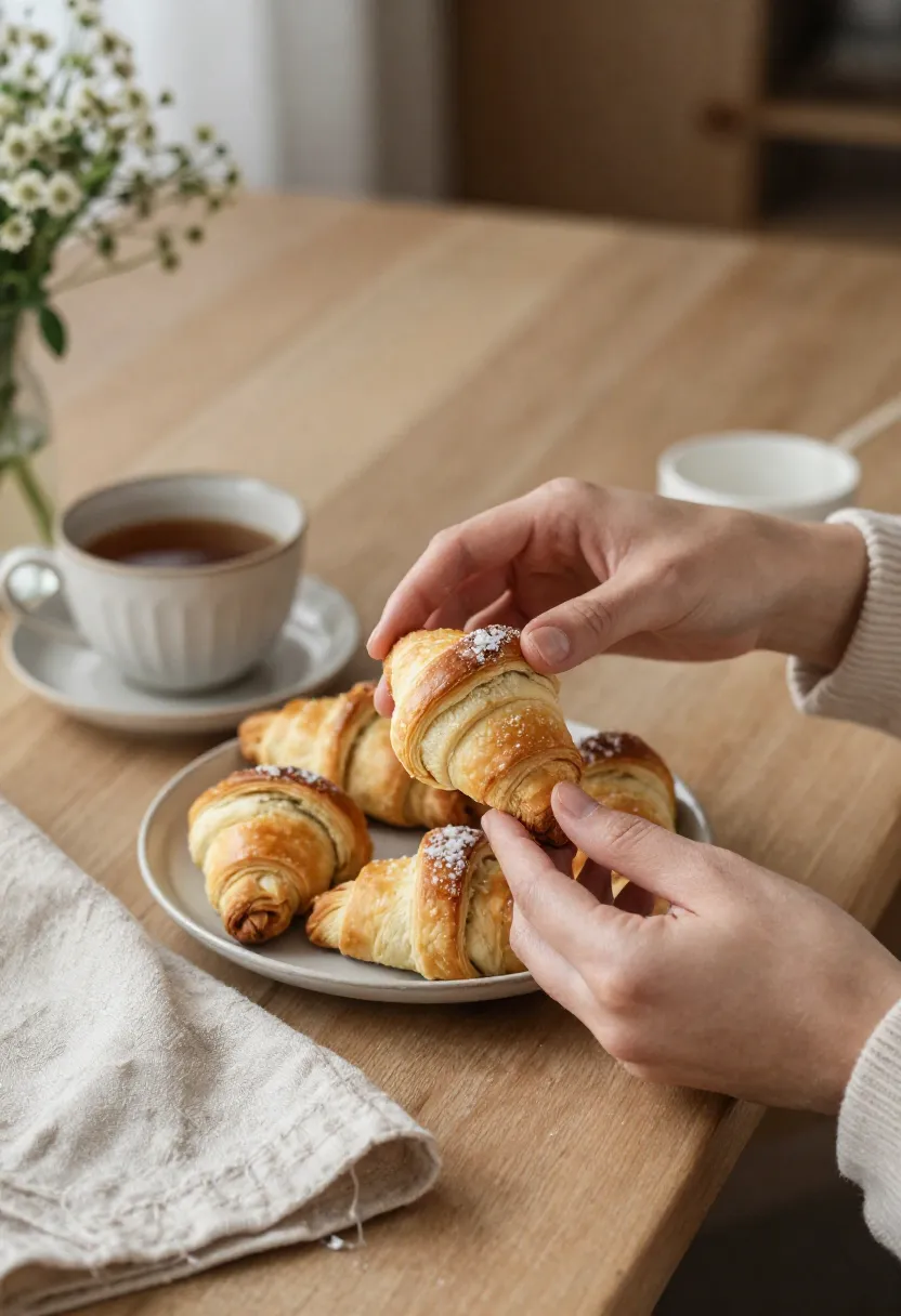 Person enjoying rugelach with flowers in a cozy setting