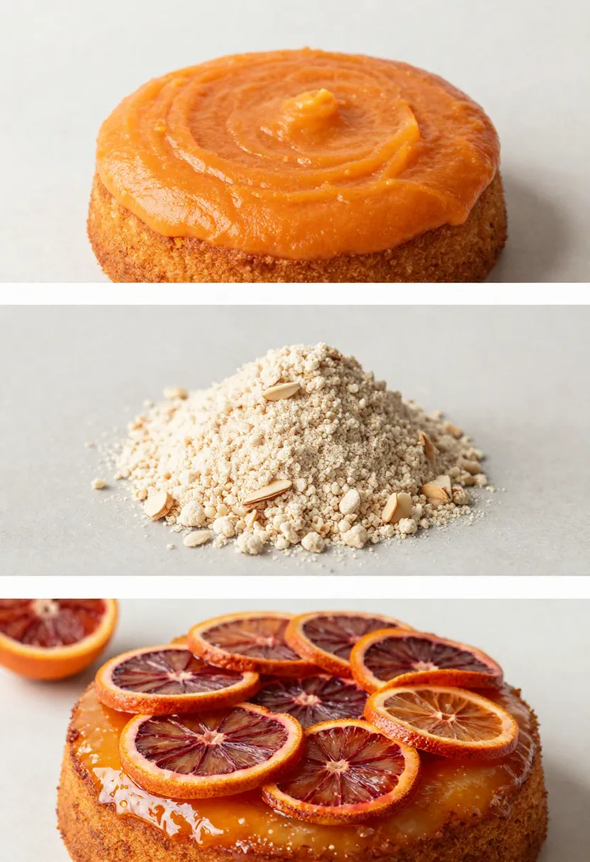 Collage showing orange purée, almond meal, and finished upside-down cake