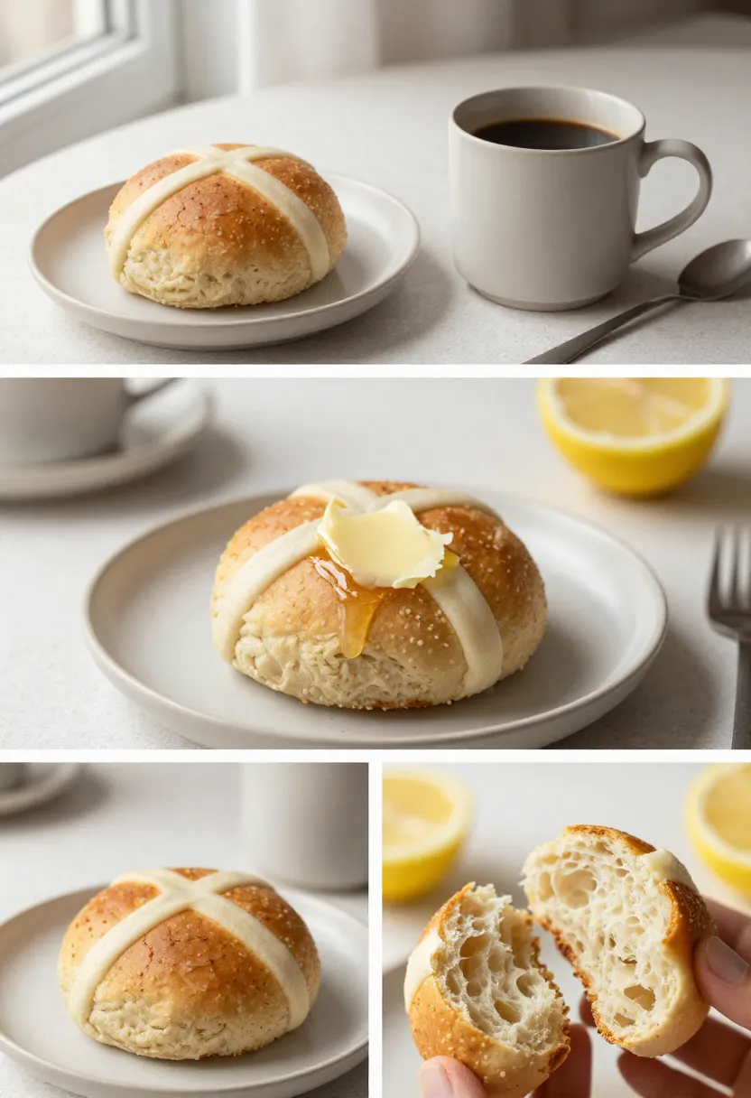 Lemon hot cross buns served with coffee and butter in cozy setting