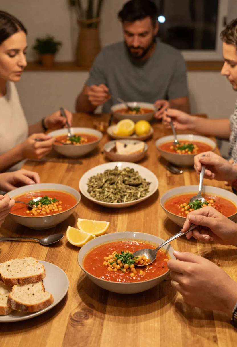 Family enjoying Chorba Frik soup together at a warm dinner table