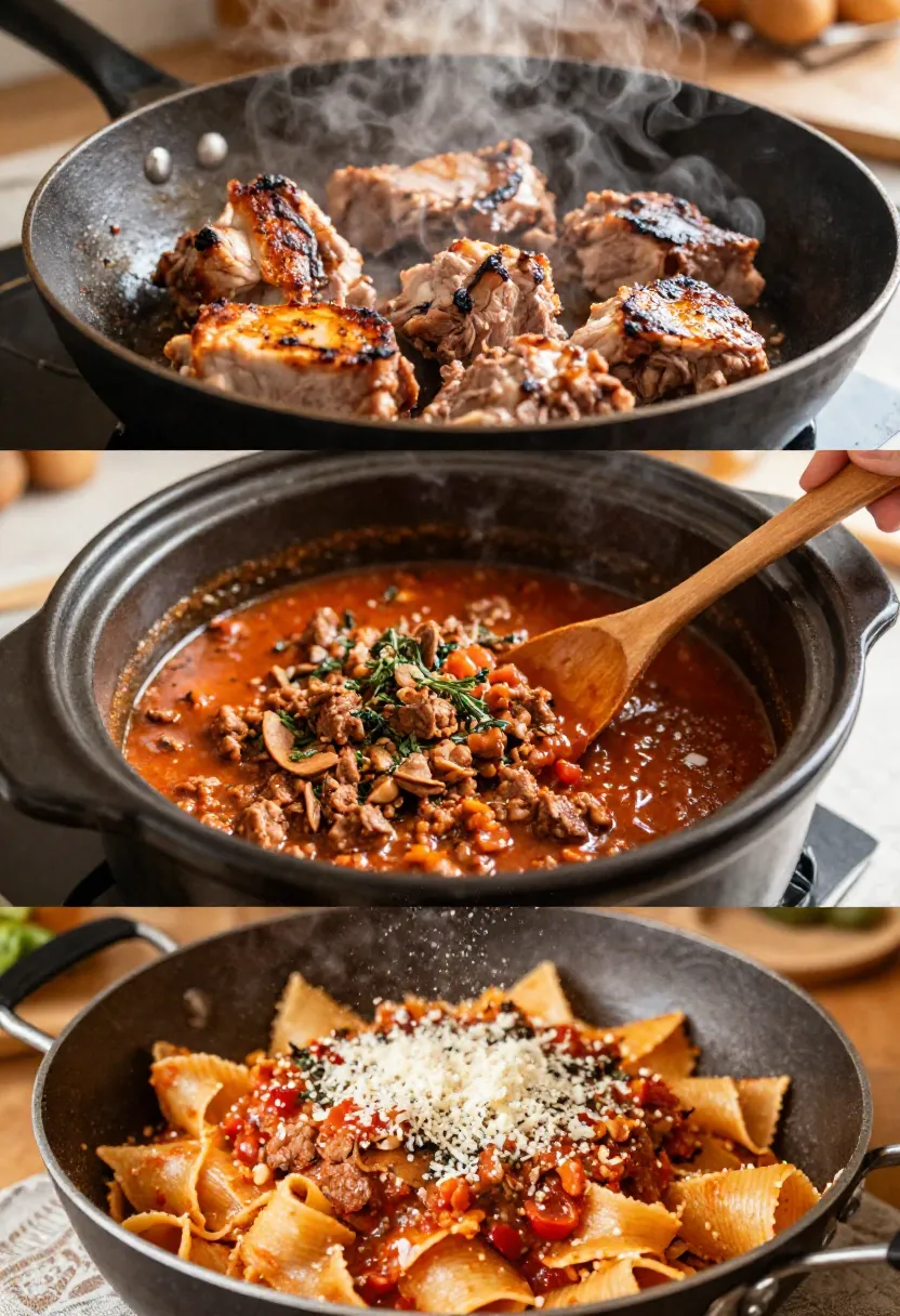 Collage showing searing pork, simmering ragù sauce, and pasta mixed with sauce.
