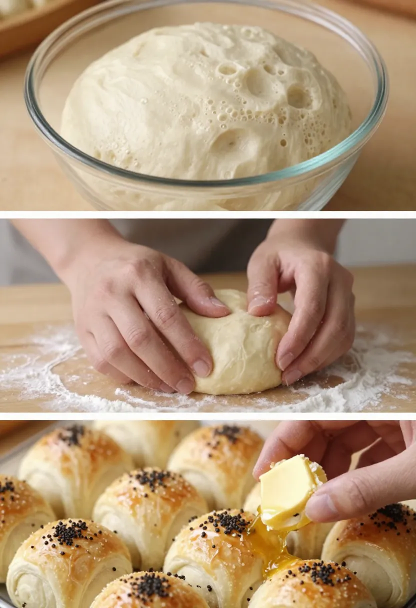Collage showing risen dough, kneading process, and brushing baked garlic rolls with butter.